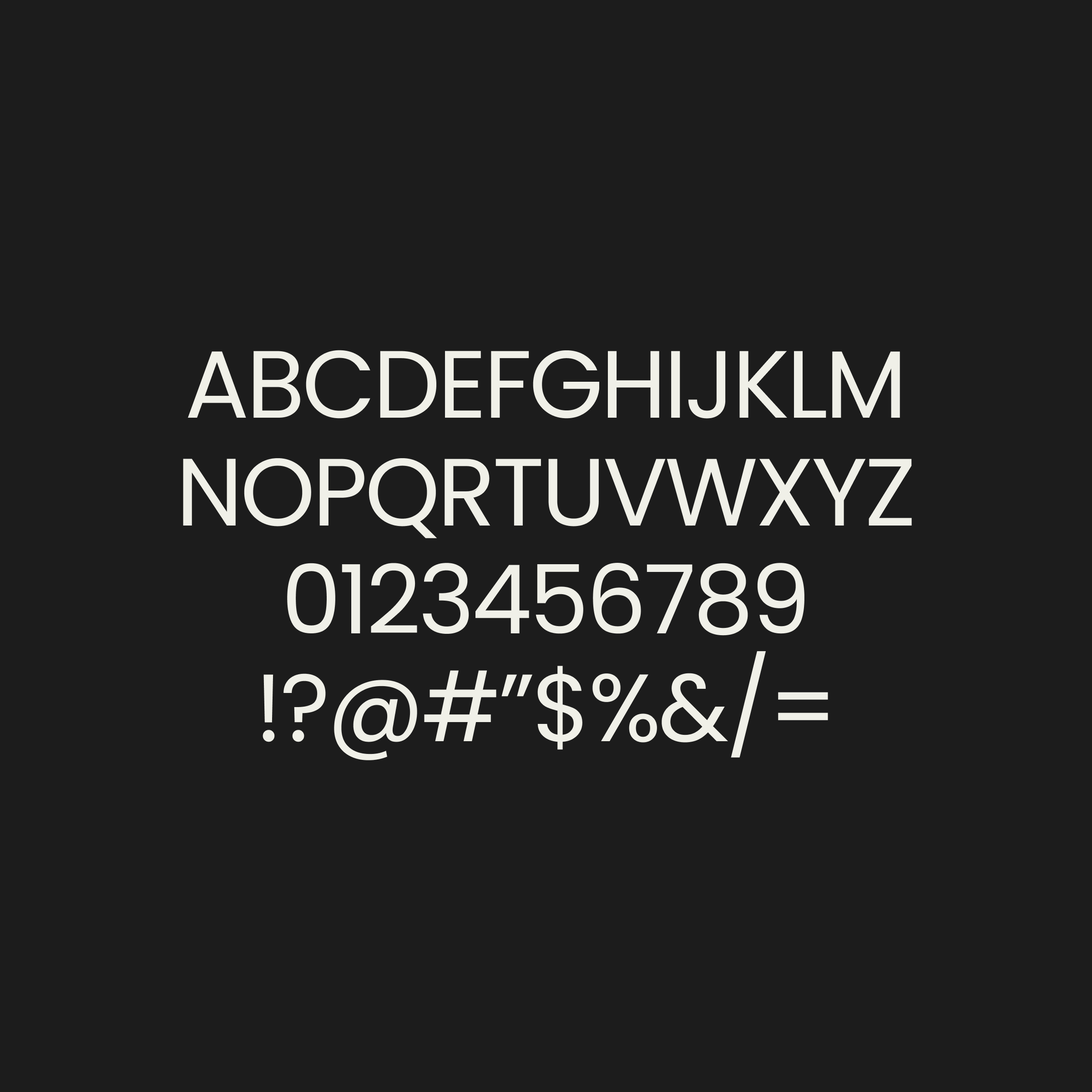 Graphic of a typography specimen showing the alphabet and numerals on top of a dark gray background.